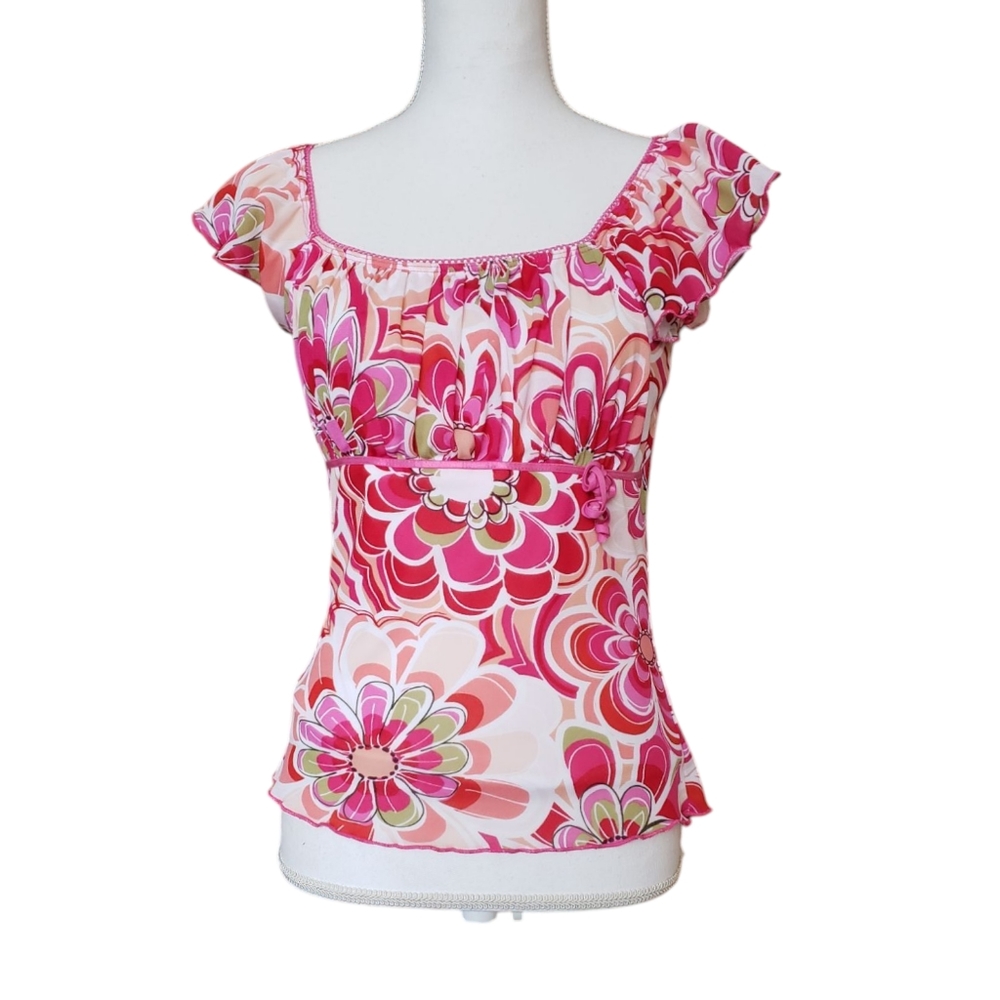 VTG Y2K L Juniors Floral Mesh Fairy Babydoll Flutter Sleeve Top Pink Red Hippie